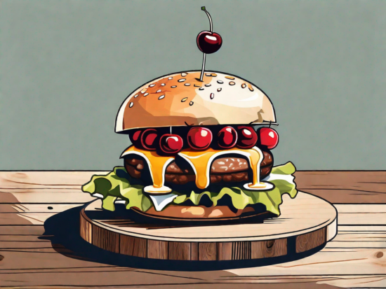 A gourmet burger with a cherry on top